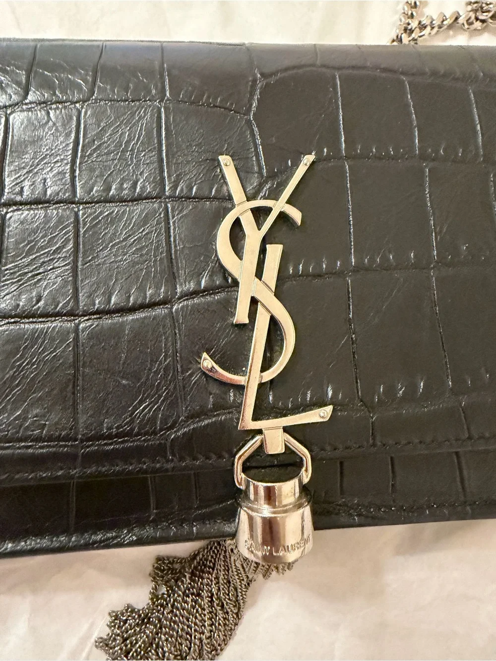 Saint Laurent Black Croc-Embossed Leather Tassel Chain Shoulder Bag